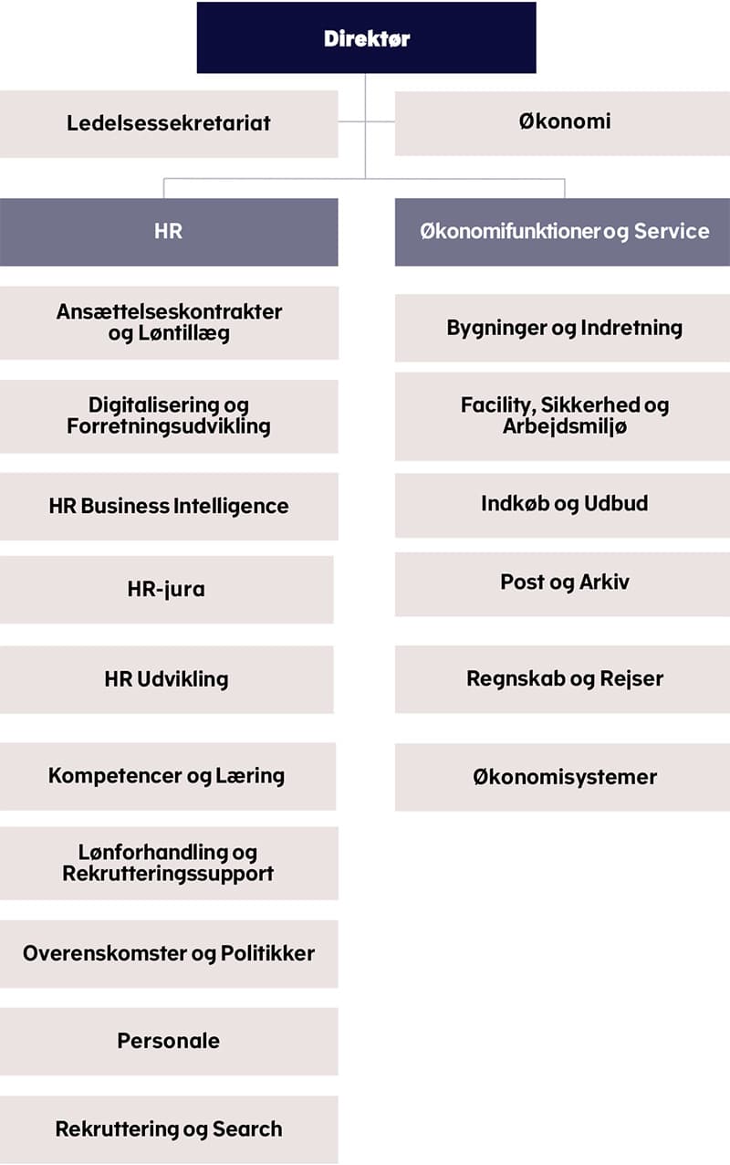 I spidsen for Administrations- og Servicestyrelsen er styrelsesdirektøren. Under styrelsesdirektøren er ledelsessekretariatet, kontoret Økonomi og styrelsens to hovedforretningsområder, henholdsvis HR og Økonomifunktioner og Service, som begge ledes af en underdirektør. 